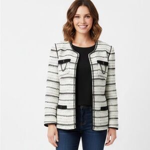 White House Black Market Black and White Striped Tweed embellished Blazer size 4